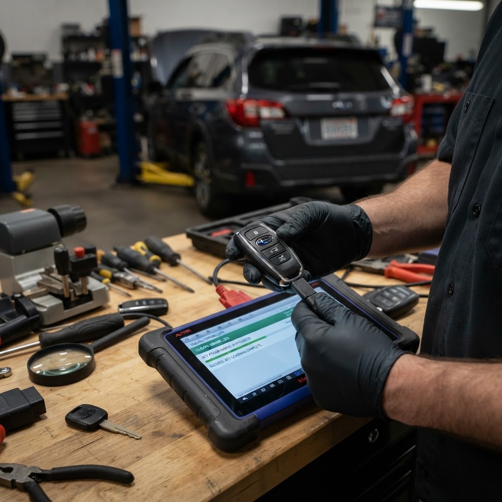 Professional Subaru key programming diagnostic device programming a transponder key and smart key fob on-site — CT Locksmith Service LLC mobile locksmith, New Haven County, CT, licensed CT # LCK.0000220