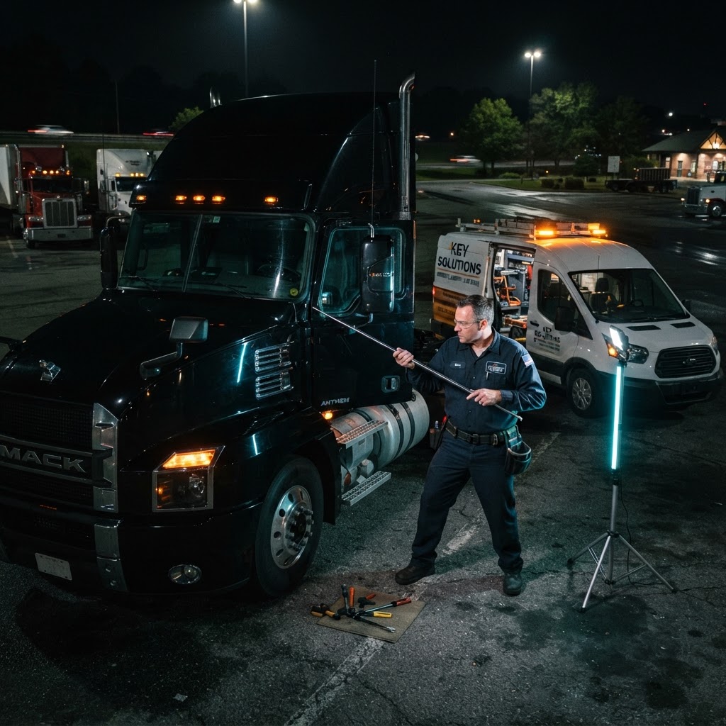 Mack Trucks tractor trailer emergency lockout service — licensed locksmith unlocking cab door of a Mack Trucks semi-truck on the roadside with professional lockout tools, New Haven County, CT. CT Locksmith Service LLC, licensed CT # LCK.0000220, 24/7 mobile service.