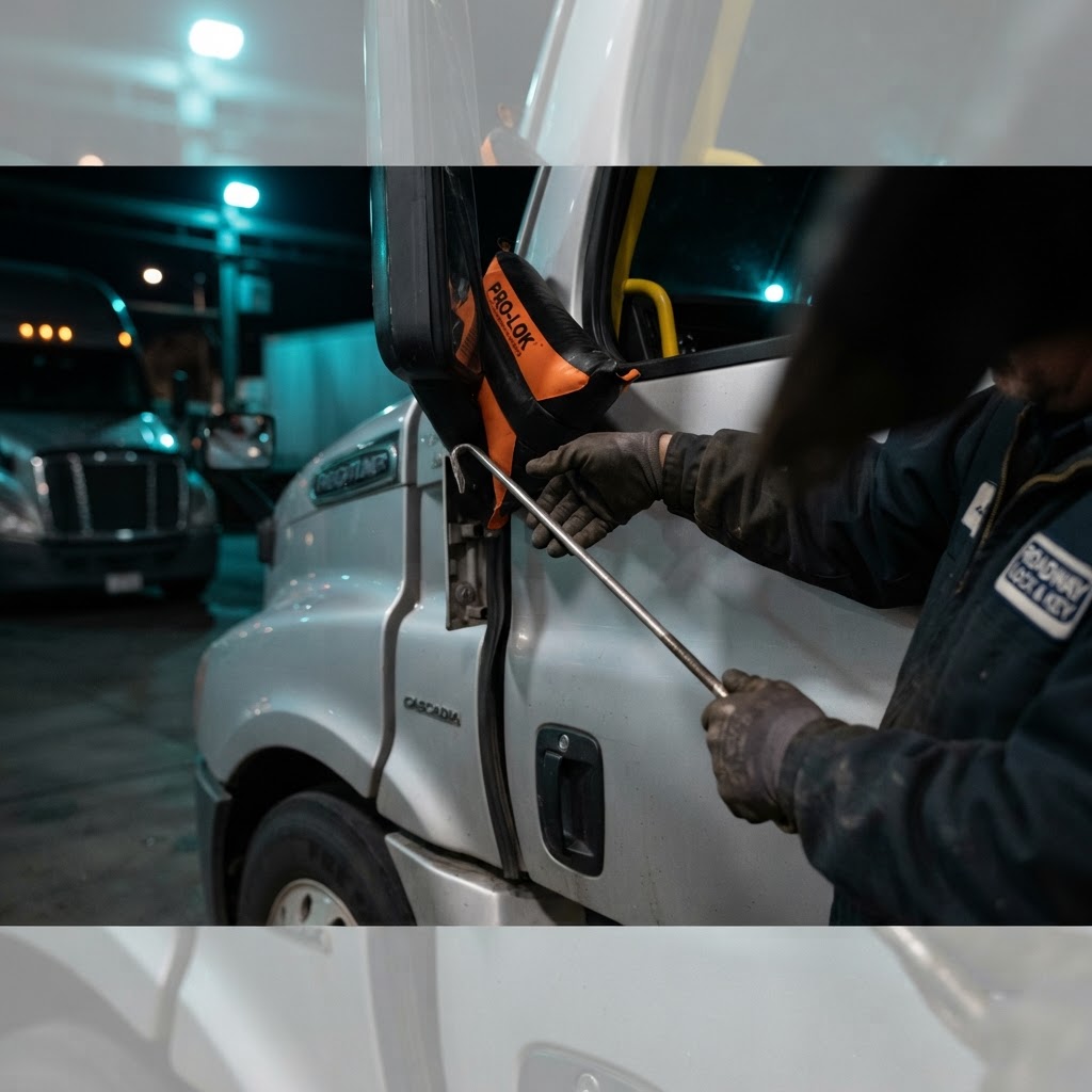 Freightliner Tractor Trailer Lockout — Professional Cab Door Unlock on Roadside | CT Locksmith Service LLC, New Haven County CT Professional Freightliner tractor trailer emergency lockout — licensed locksmith using professional lockout tools to unlock the cab door of a Freightliner semi-truck on the roadside in New Haven County, CT. CT Locksmith Service LLC, licensed CT # LCK.0000220, 24/7 mobile roadside service.