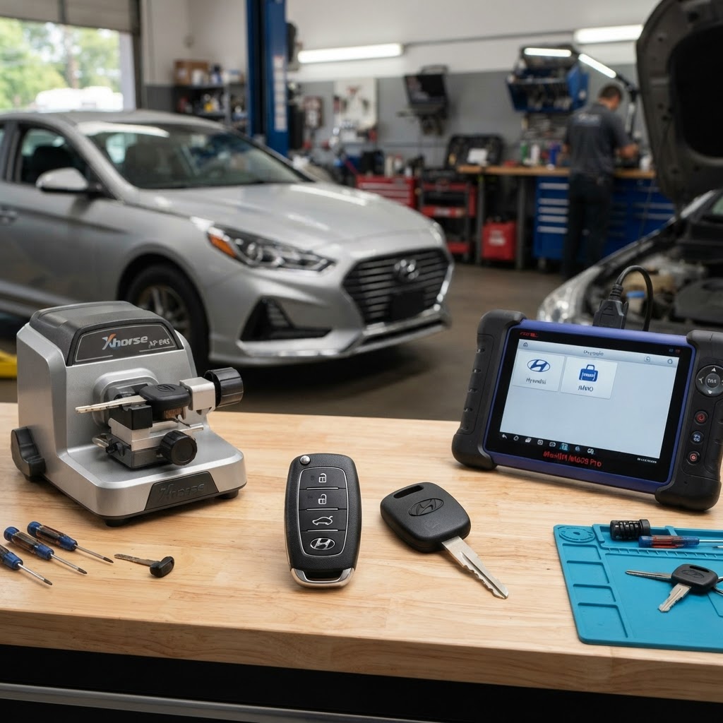 Hyundai Car Key Replacement — Key Fob, Transponder Key, Key Cutting Machine & Programmer | CT Locksmith Service LLC, New Haven County CT Hyundai car key replacement workbench with Hyundai key fob, transponder key, electronic key cutting machine, and automotive key programming diagnostic device — Hyundai vehicle in background. CT Locksmith Service LLC, New Haven County, CT, licensed CT # LCK.0000220