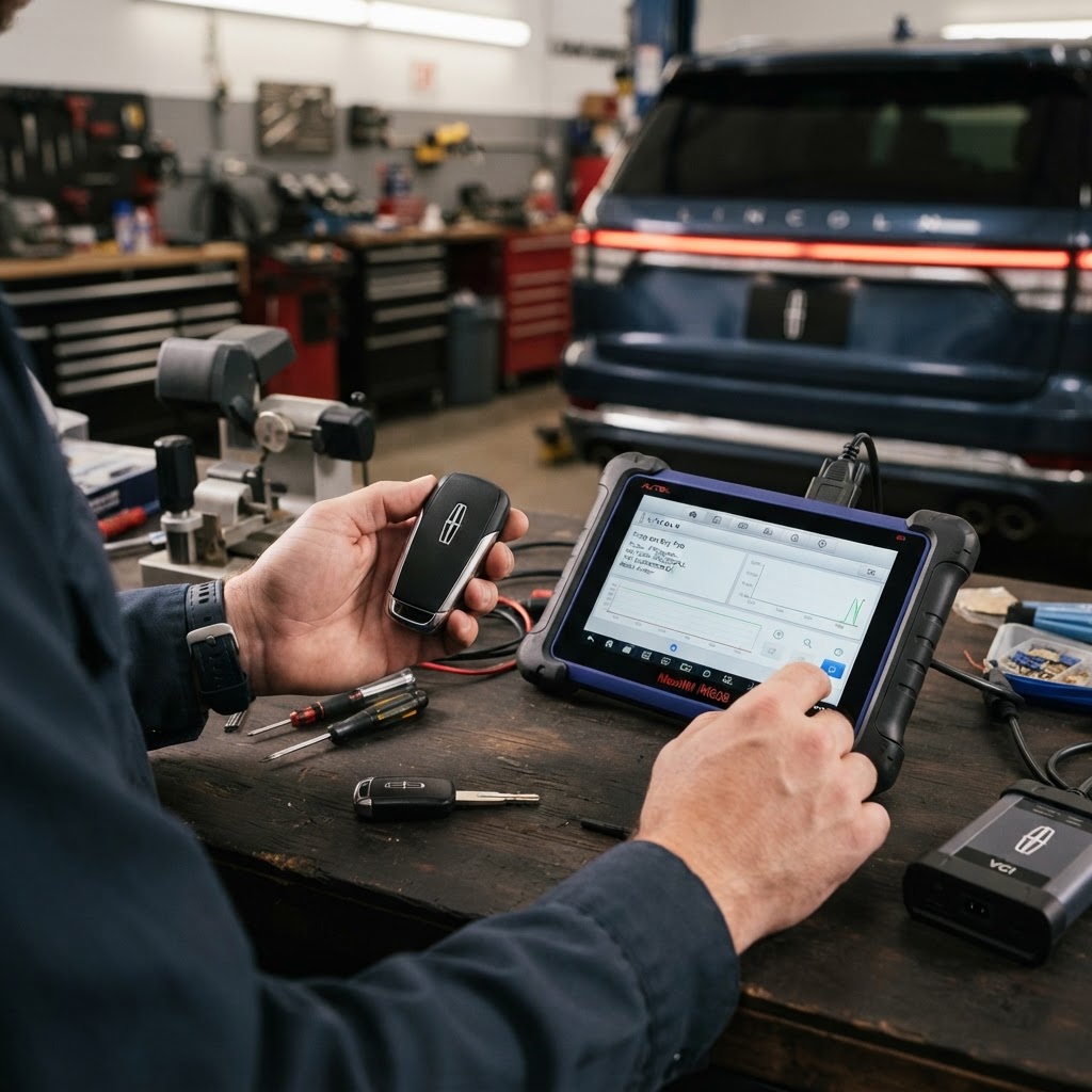 Professional Lincoln key programming diagnostic device programming a transponder key and smart key fob on-site — CT Locksmith Service LLC mobile locksmith, New Haven County, CT, licensed CT # LCK.0000220