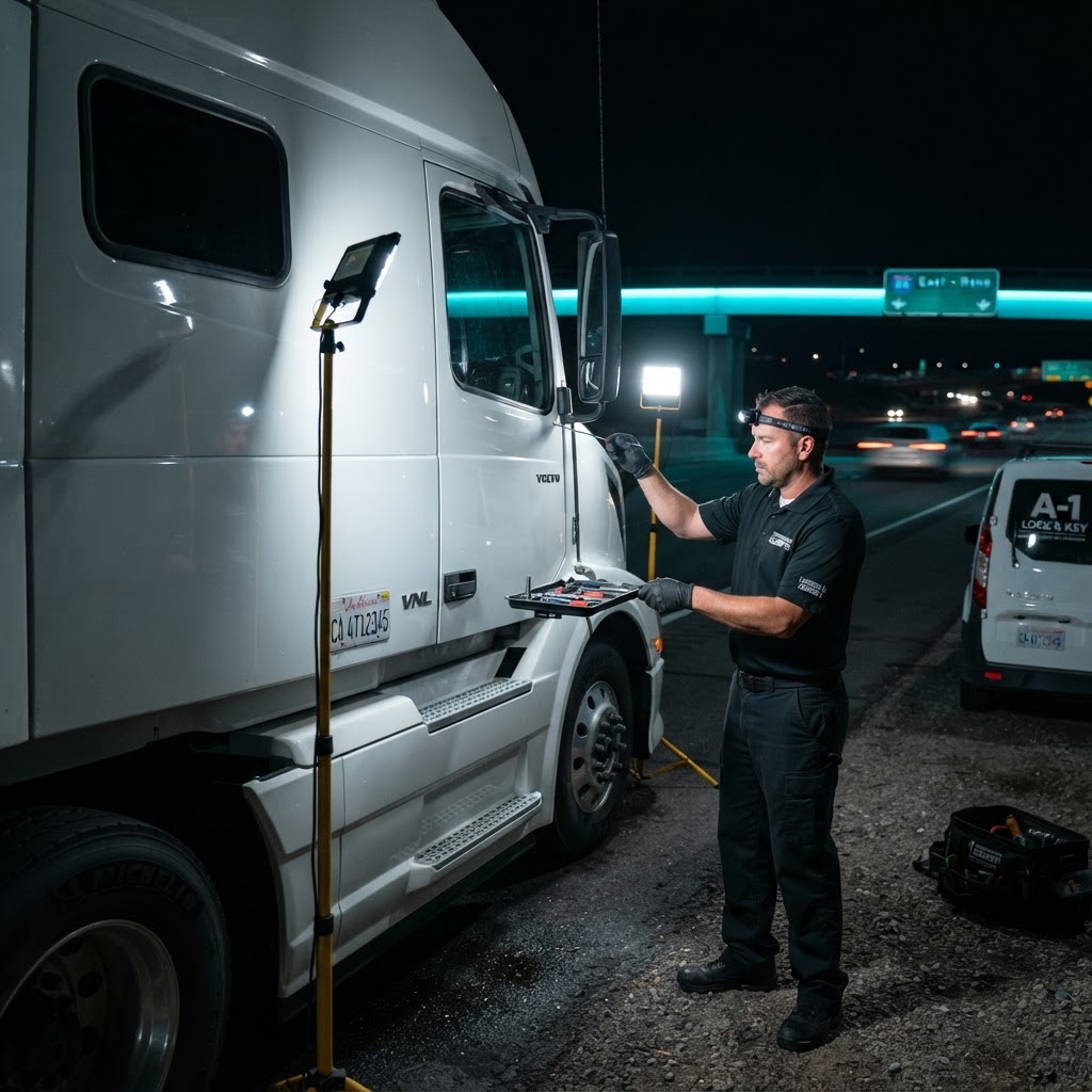 Volvo Trucks tractor trailer emergency lockout service — licensed locksmith unlocking cab door of a Volvo Trucks semi-truck on the roadside with professional lockout tools, New Haven County, CT. CT Locksmith Service LLC, licensed CT # LCK.0000220, 24/7 mobile service.
