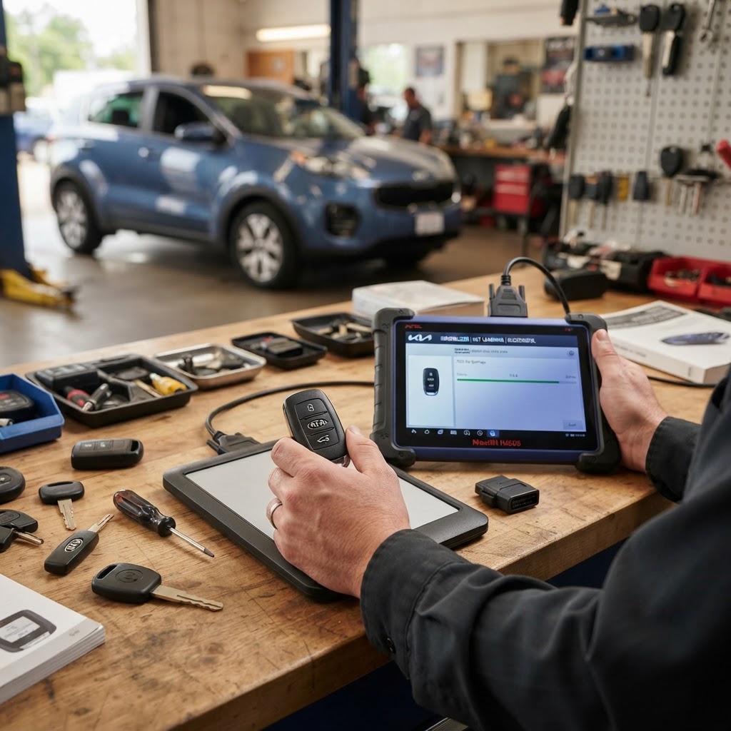 Professional Kia key programming diagnostic device programming a transponder key and smart key fob on-site — CT Locksmith Service LLC mobile locksmith, New Haven County, CT, licensed CT # LCK.0000220