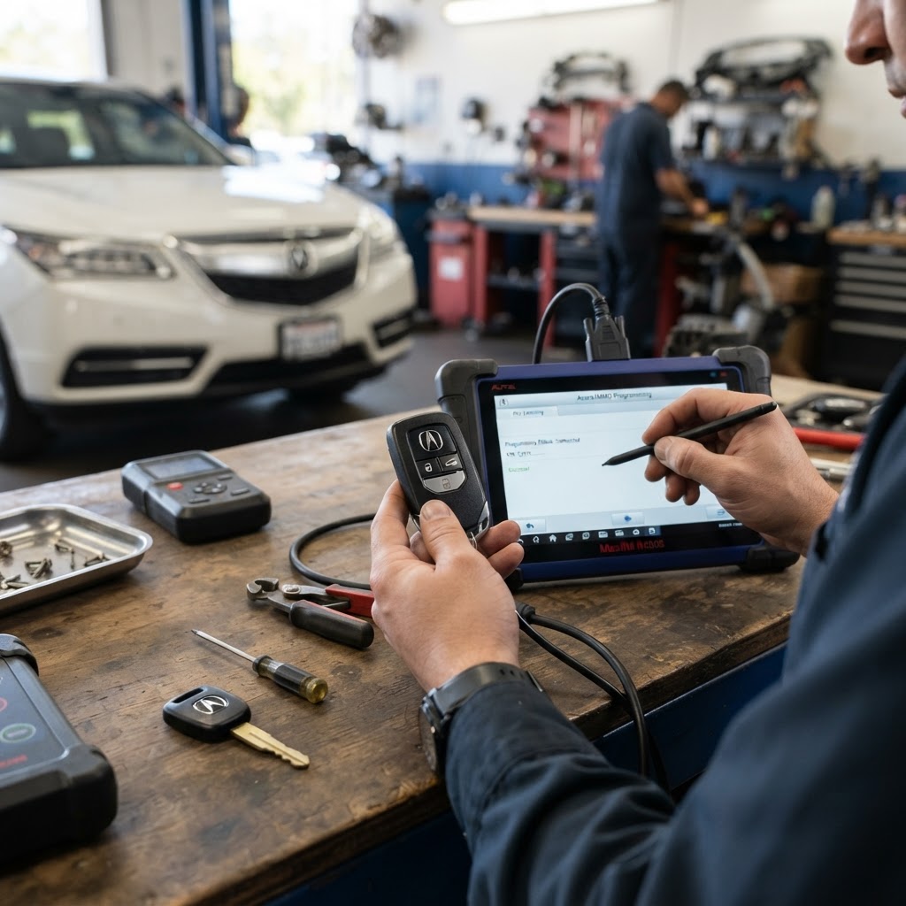 Professional Acura key programming diagnostic device programming a transponder key and smart key fob on-site — CT Locksmith Service LLC mobile locksmith, New Haven County, CT, licensed CT # LCK.0000220