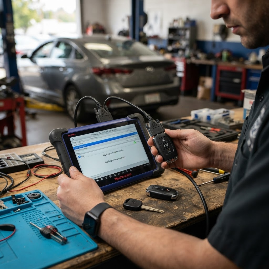 Hyundai Key Programming On-Site — Transponder & Smart Key Fob Programming | CT Locksmith Service LLC, New Haven County CT Professional Hyundai key programming diagnostic device programming a transponder key and smart key fob on-site — CT Locksmith Service LLC mobile locksmith, New Haven County, CT, licensed CT # LCK.0000220