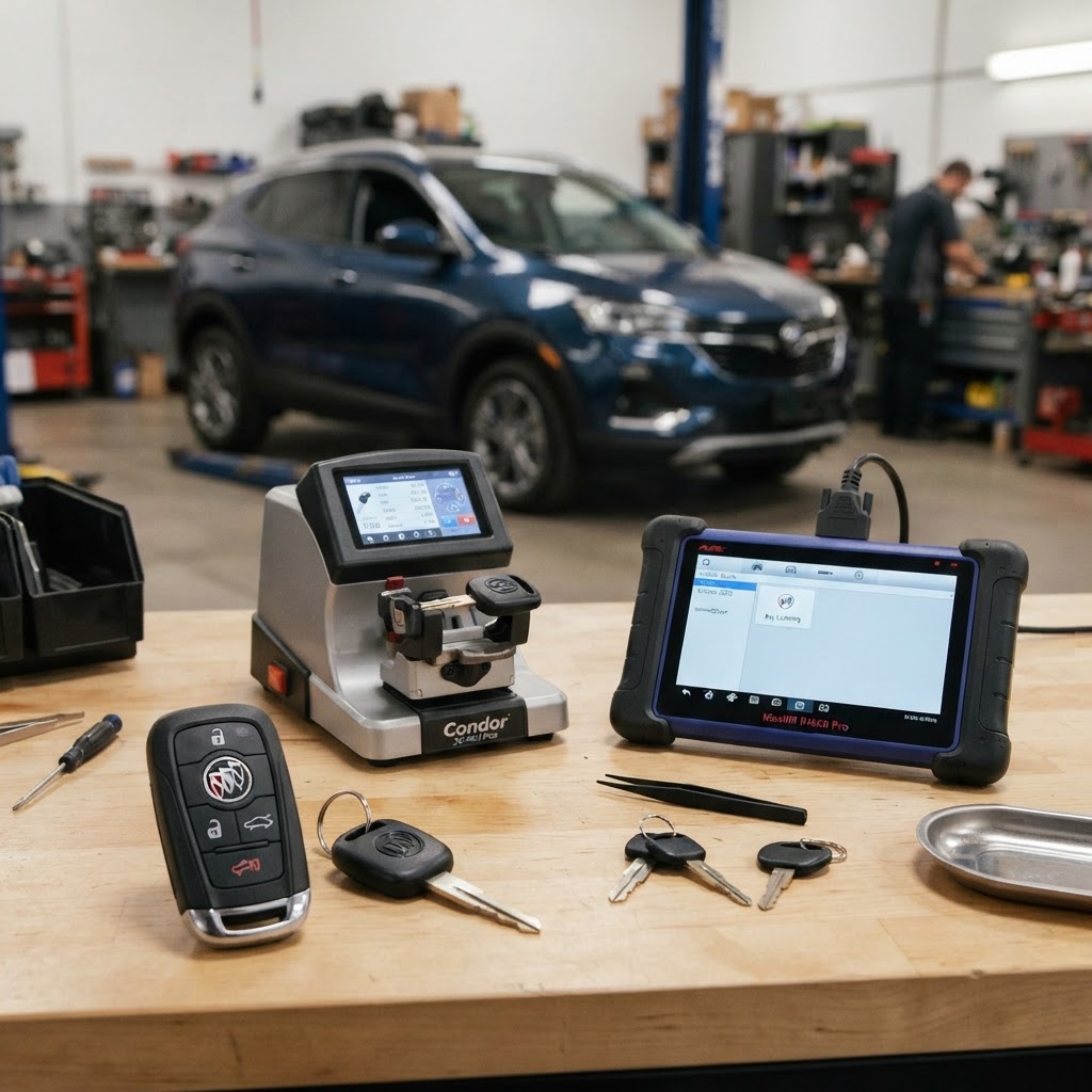Buick car key replacement workbench with Buick key fob, transponder key, electronic key cutting machine, and automotive key programming diagnostic device — Buick vehicle in background. CT Locksmith Service LLC, New Haven County, CT, licensed CT # LCK.0000220