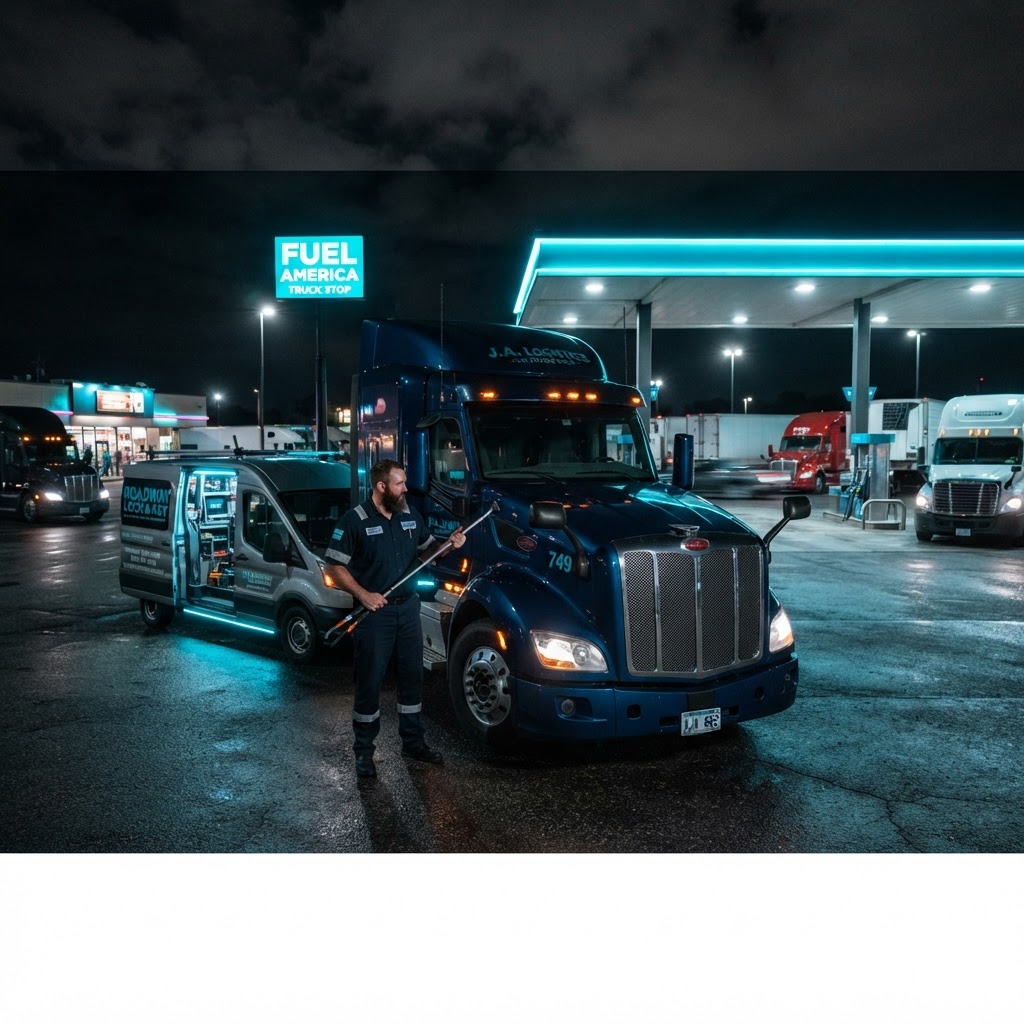 Tractor Trailer Emergency Lockout Service — All Truck Brands | CT Locksmith Service LLC, New Haven County CT Tractor trailer emergency lockout service — licensed locksmith at a truck stop with multiple semi-trucks, professional lockout tools ready. CT Locksmith Service LLC, New Haven County, CT, licensed CT # LCK.0000220, 24/7 mobile roadside service.