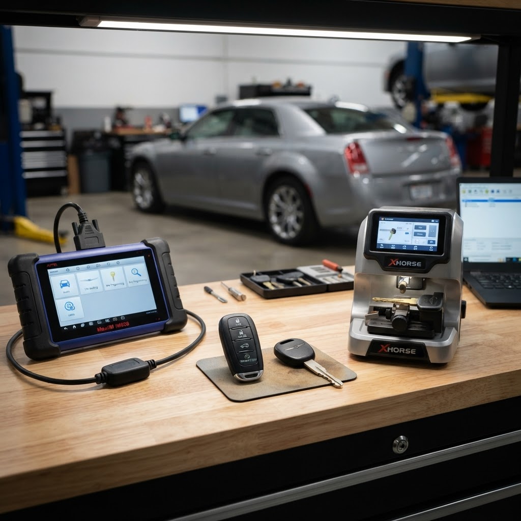Chrysler car key replacement workbench with Chrysler key fob, transponder key, electronic key cutting machine, and automotive key programming diagnostic device — Chrysler vehicle in background. CT Locksmith Service LLC, New Haven County, CT, licensed CT # LCK.0000220