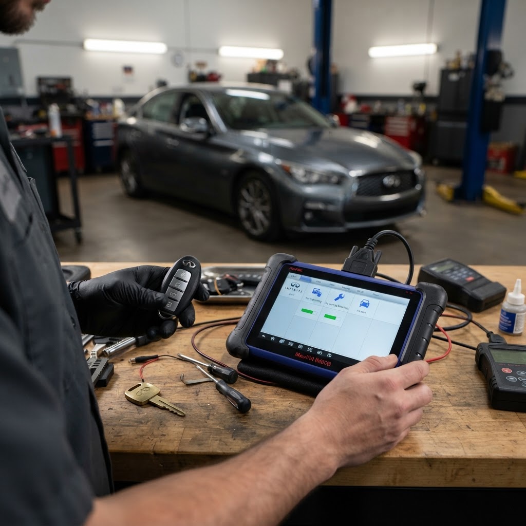 Infiniti Key Programming On-Site — Transponder & Smart Key Fob Programming | CT Locksmith Service LLC, New Haven County CT Professional Infiniti key programming diagnostic device programming a transponder key and smart key fob on-site — CT Locksmith Service LLC mobile locksmith, New Haven County, CT, licensed CT # LCK.0000220
