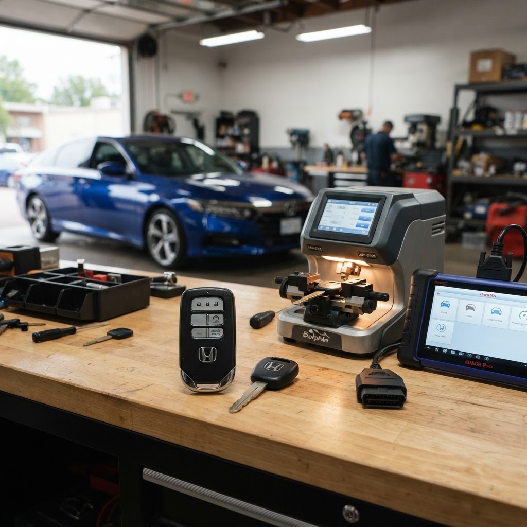 Honda car key replacement workbench with Honda key fob, transponder key, electronic key cutting machine, and automotive key programming diagnostic device — Honda vehicle in background. CT Locksmith Service LLC, New Haven County, CT, licensed CT # LCK.0000220