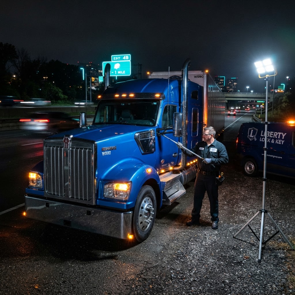 Kenworth tractor trailer emergency lockout service — licensed locksmith unlocking cab door of a Kenworth semi-truck on the roadside with professional lockout tools, New Haven County, CT. CT Locksmith Service LLC, licensed CT # LCK.0000220, 24/7 mobile service.
