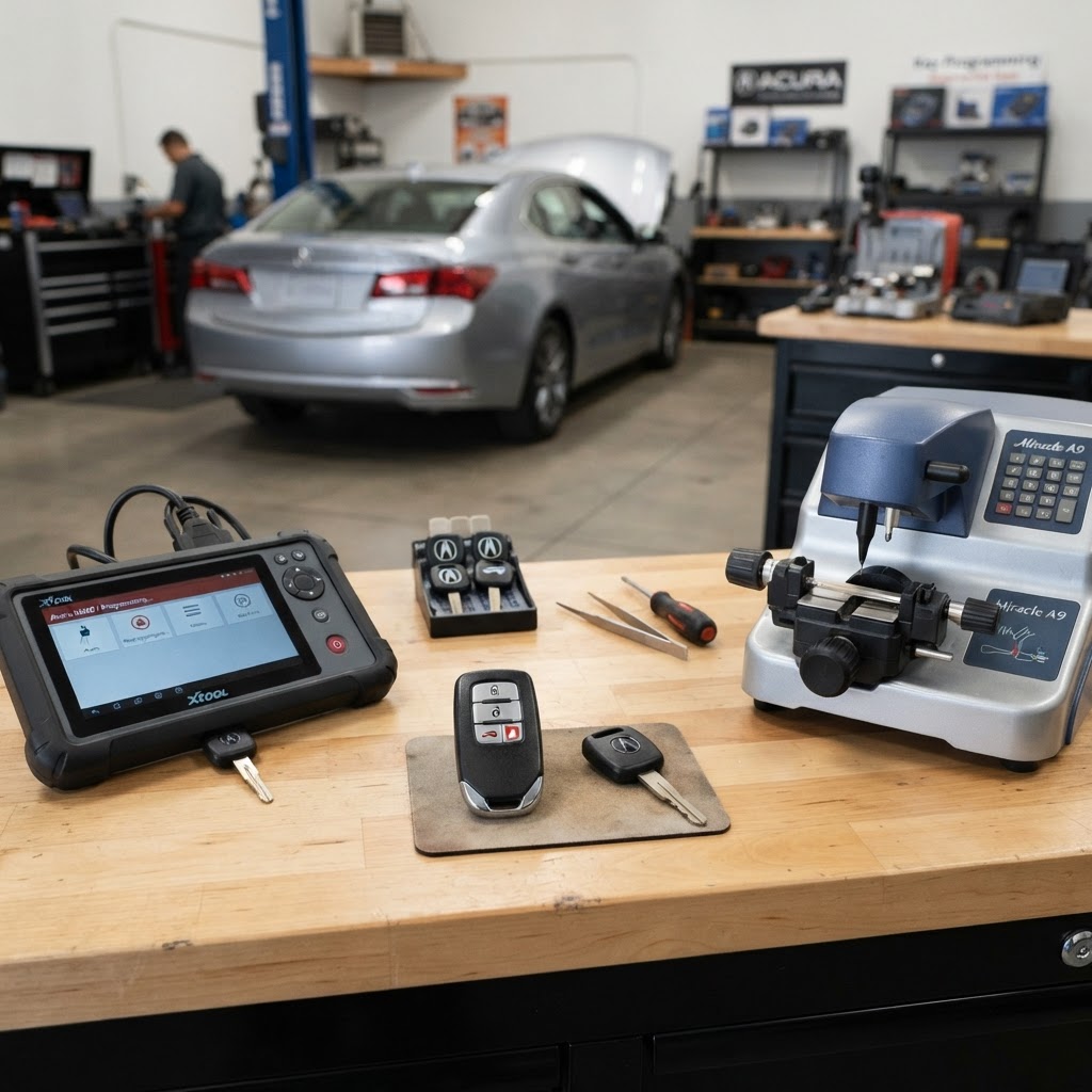 Acura car key replacement workbench with Acura key fob, transponder key, electronic key cutting machine, and automotive key programming diagnostic device — Acura vehicle in background. CT Locksmith Service LLC, New Haven County, CT, licensed CT # LCK.0000220