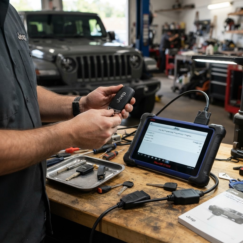 Professional Jeep key programming diagnostic device programming a transponder key and smart key fob on-site — CT Locksmith Service LLC mobile locksmith, New Haven County, CT, licensed CT # LCK.0000220