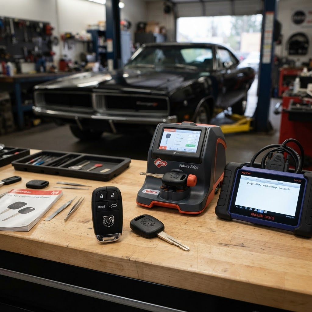 Dodge car key replacement workbench with Dodge key fob, transponder key, electronic key cutting machine, and automotive key programming diagnostic device — Dodge vehicle in background. CT Locksmith Service LLC, New Haven County, CT, licensed CT # LCK.0000220