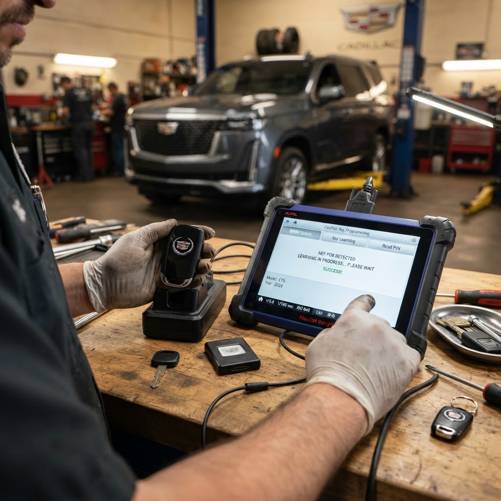 Professional Cadillac key programming diagnostic device programming a transponder key and smart key fob on-site — CT Locksmith Service LLC mobile locksmith, New Haven County, CT, licensed CT # LCK.0000220