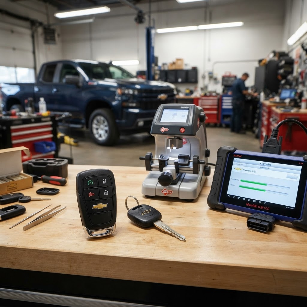 Chevy car key replacement workbench with Chevy key fob, transponder key, electronic key cutting machine, and automotive key programming diagnostic device — Chevy vehicle in background. CT Locksmith Service LLC, New Haven County, CT, licensed CT # LCK.0000220