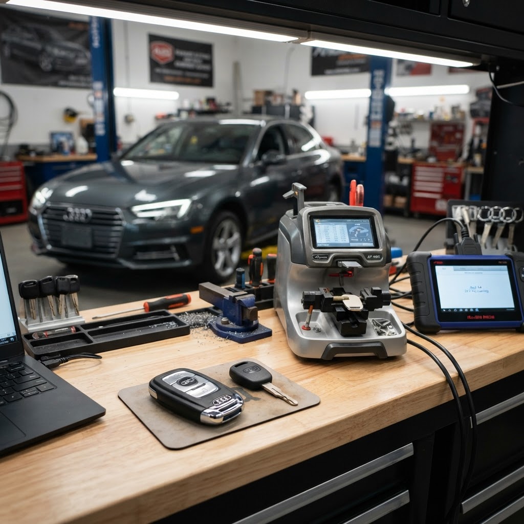 Audi car key replacement workbench with Audi key fob, transponder key, electronic key cutting machine, and automotive key programming diagnostic device — Audi vehicle in background. CT Locksmith Service LLC, New Haven County, CT, licensed CT # LCK.0000220