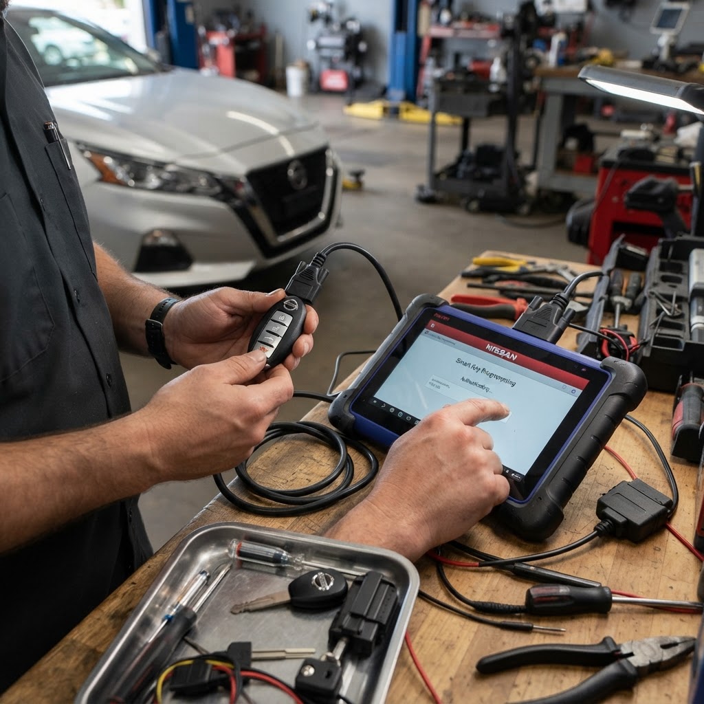 Professional Nissan key programming diagnostic device programming a transponder key and smart key fob on-site — CT Locksmith Service LLC mobile locksmith, New Haven County, CT, licensed CT # LCK.0000220
