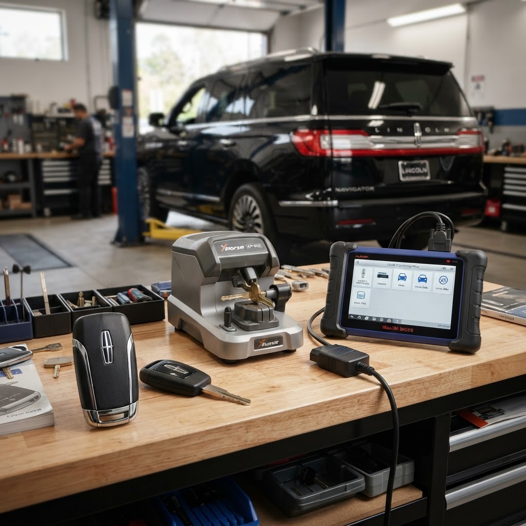 Lincoln car key replacement workbench with Lincoln key fob, transponder key, electronic key cutting machine, and automotive key programming diagnostic device — Lincoln vehicle in background. CT Locksmith Service LLC, New Haven County, CT, licensed CT # LCK.0000220