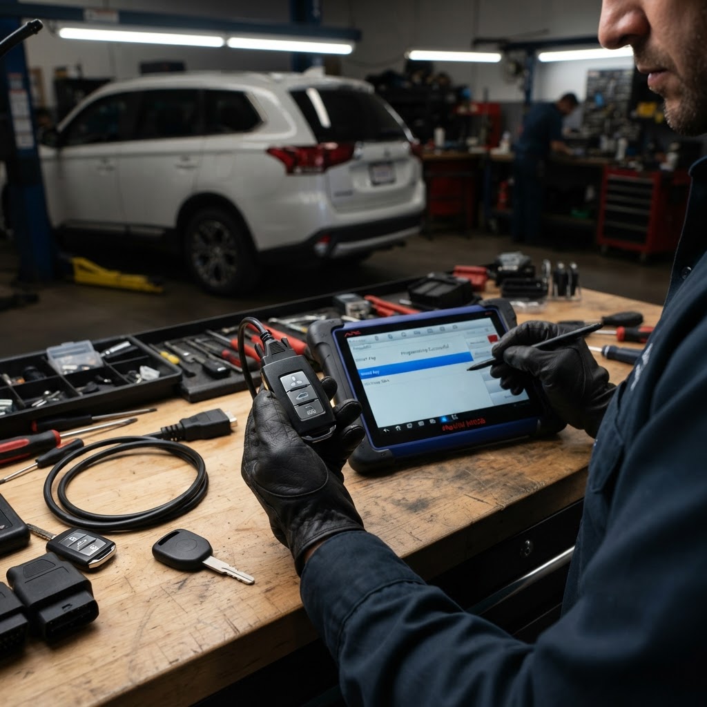 Mitsubishi Key Programming On-Site — Transponder & Smart Key Fob Programming | CT Locksmith Service LLC, New Haven County CT Professional Mitsubishi key programming diagnostic device programming a transponder key and smart key fob on-site — CT Locksmith Service LLC mobile locksmith, New Haven County, CT, licensed CT # LCK.0000220