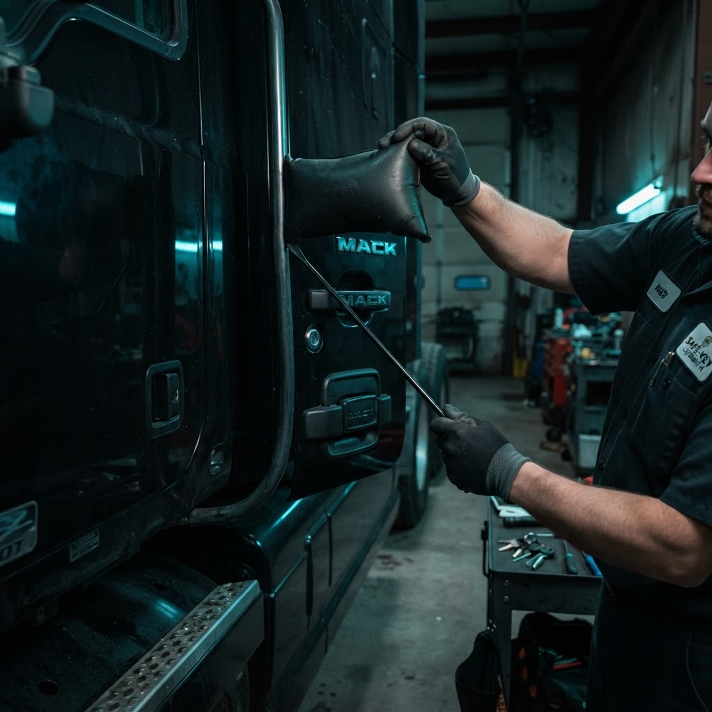 Professional Mack Trucks tractor trailer emergency lockout — licensed locksmith using professional lockout tools to unlock the cab door of a Mack Trucks semi-truck on the roadside in New Haven County, CT. CT Locksmith Service LLC, licensed CT # LCK.0000220, 24/7 mobile roadside service.