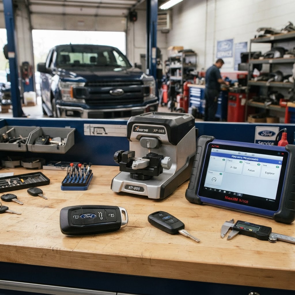 Ford car key replacement workbench with Ford key fob, transponder key, electronic key cutting machine, and automotive key programming diagnostic device — Ford vehicle in background. CT Locksmith Service LLC, New Haven County, CT, licensed CT # LCK.0000220