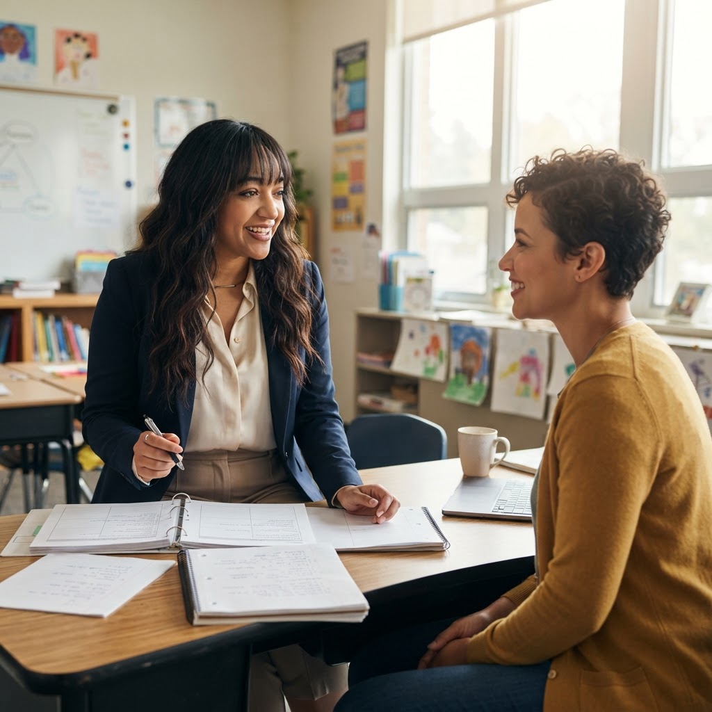 Instructional coach speaking one-on-one with a teacher