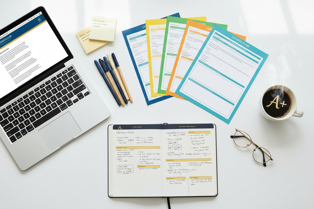 Education planning materials and resources on a desk