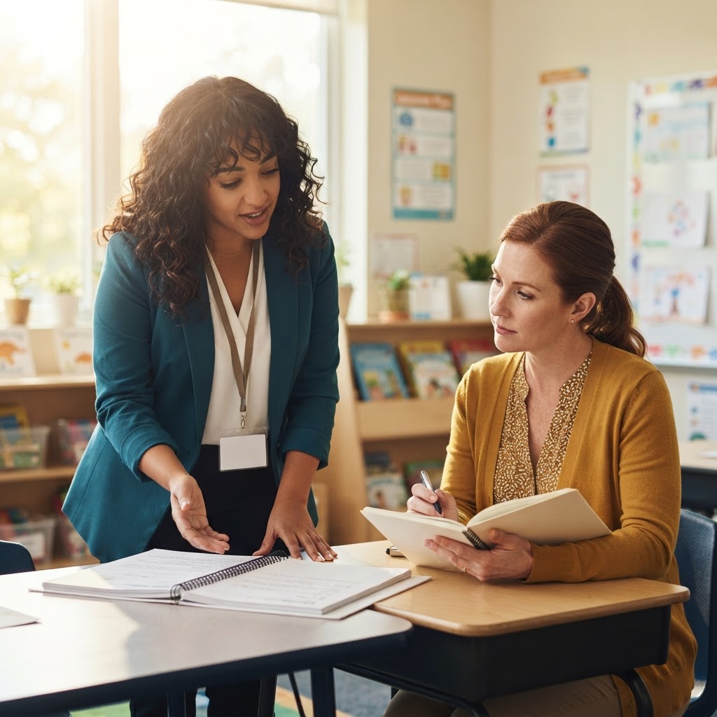 Instructional coach (with name badge) coaching a teacher in a classroom