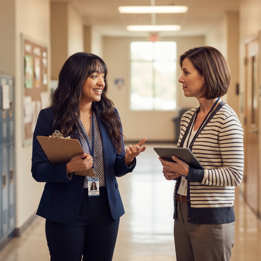 Instructional coach talking with a teacher in a school hallway