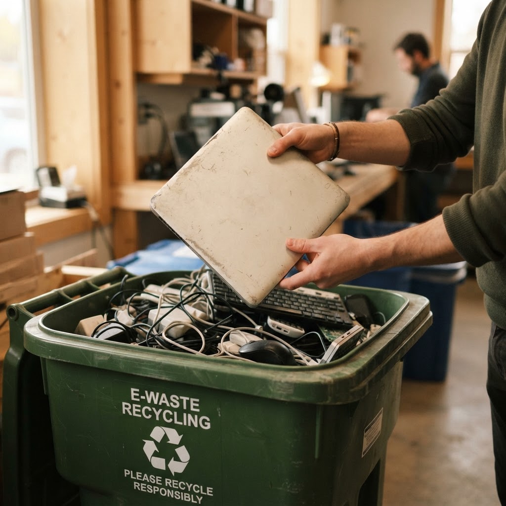 Boynton Beach e-waste recycling facility interior with sorted electronics