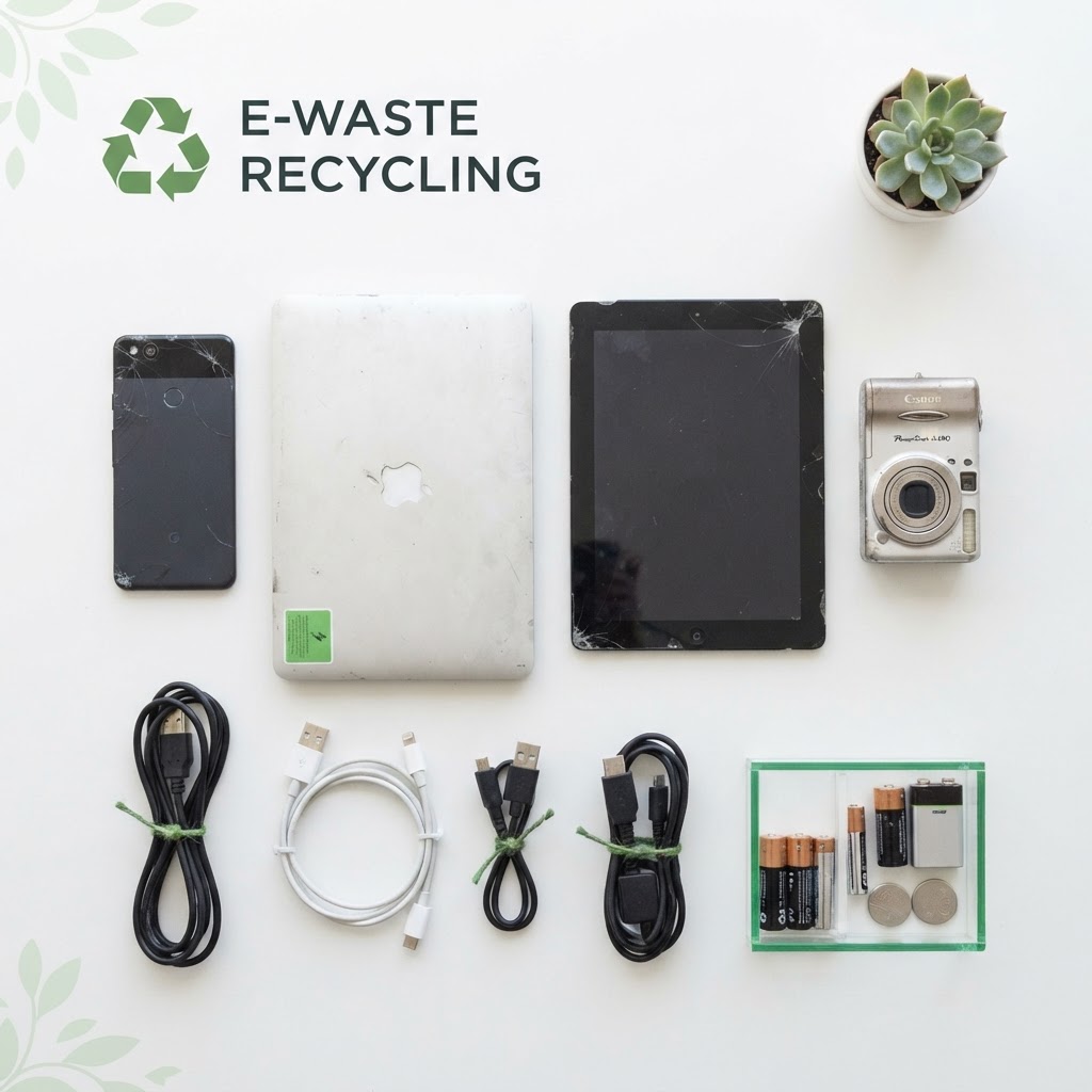 Electronic waste items ready for recycling - computer, phone, laptop and batteries