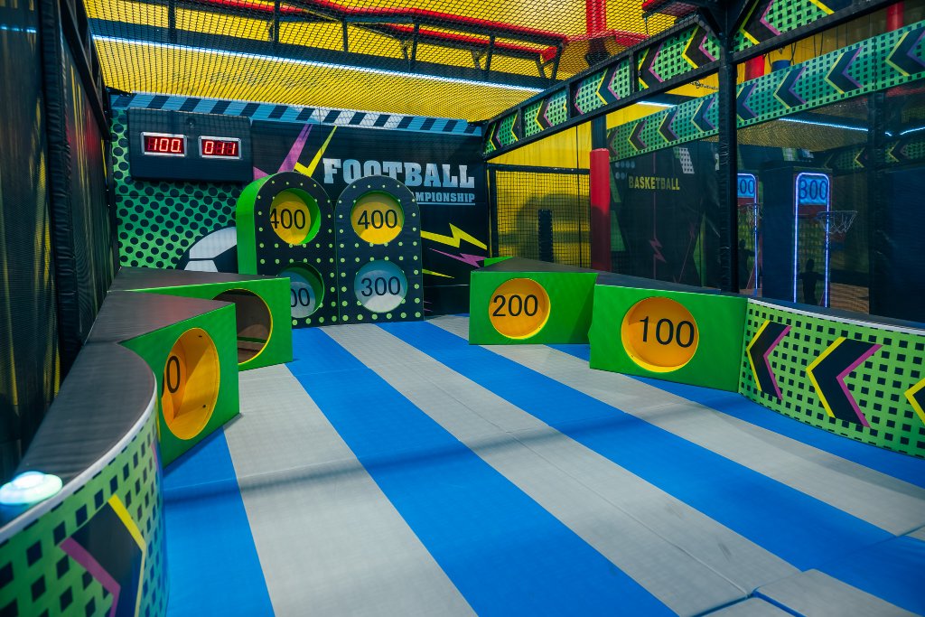 Football Championship scoring game with padded obstacles at Lululand Adventure Park