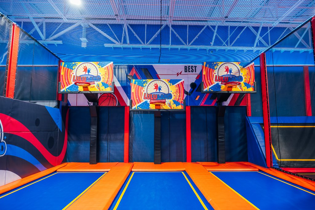 Branded basketball hoops on trampolines at Lululand Adventure Park