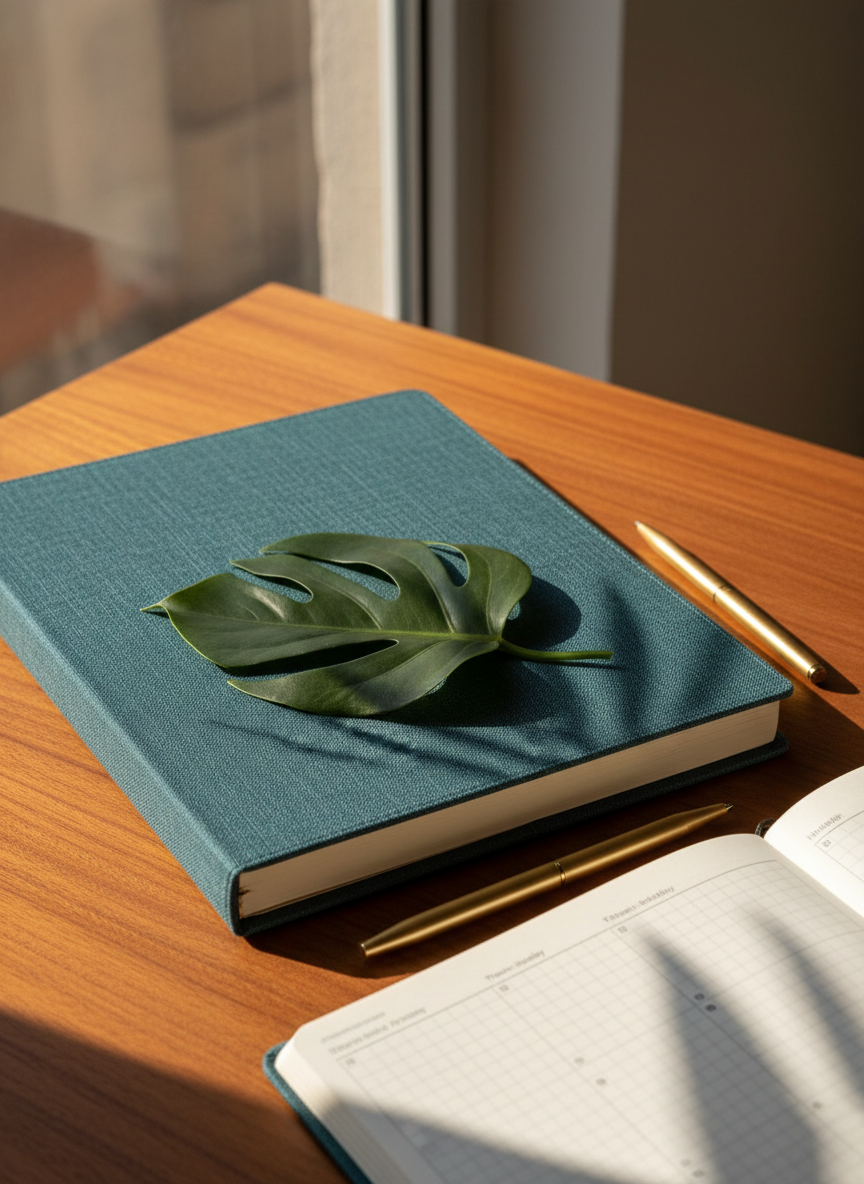 Caribbean Student Planner on a teak desk with golden hour lighting