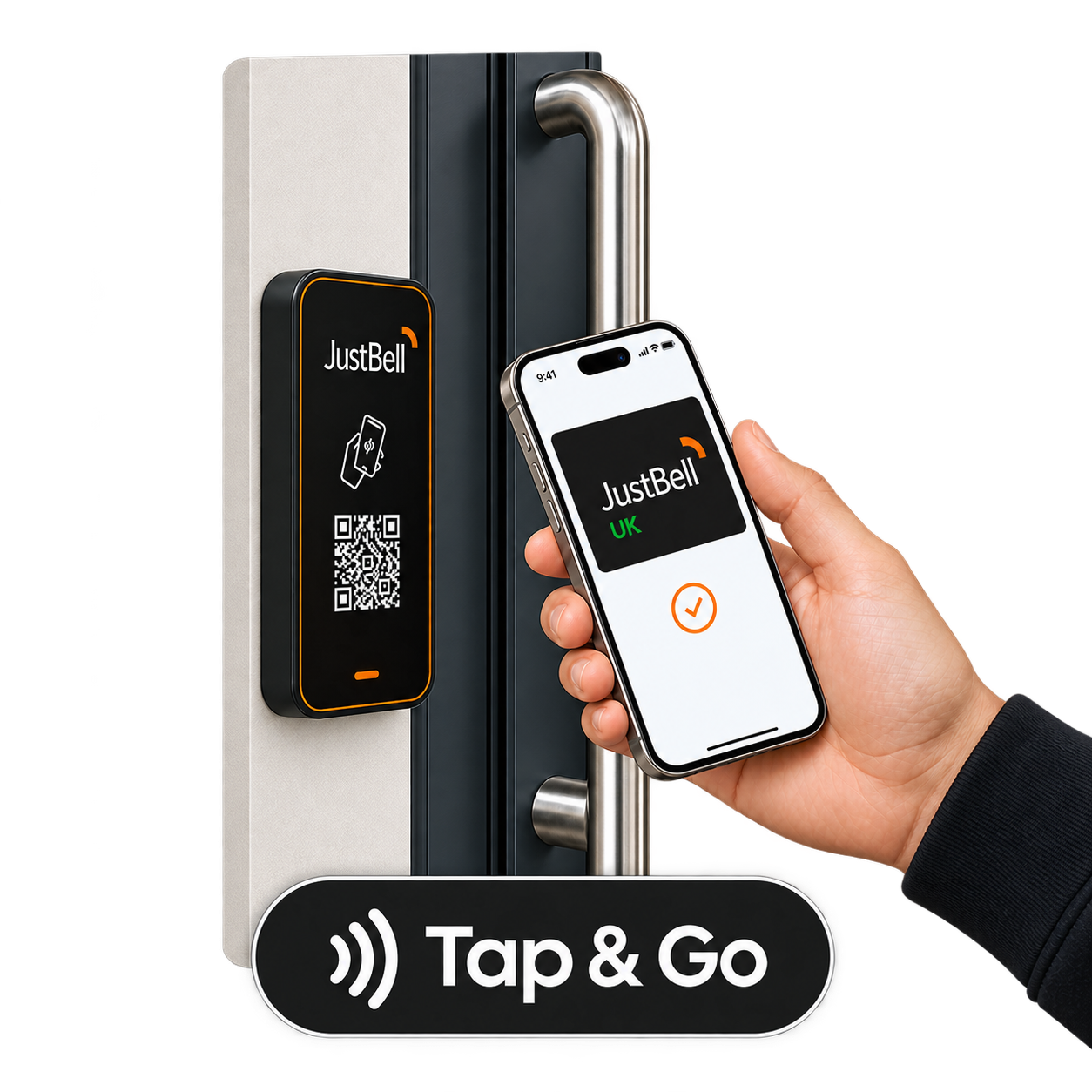 A JustBell smart doorbell with a smartphone showing a JustBell UK wallet card being tapped to unlock