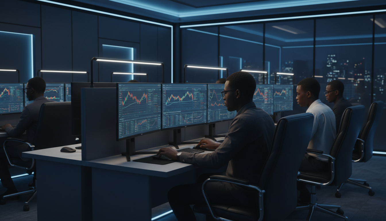 Students working in the College of Banking and Finance laboratory with dual monitors showing market data