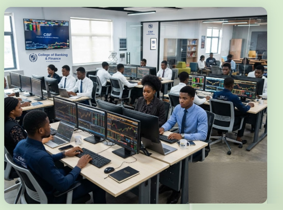 Students working in the College of Banking and Finance laboratory with dual monitors showing market data