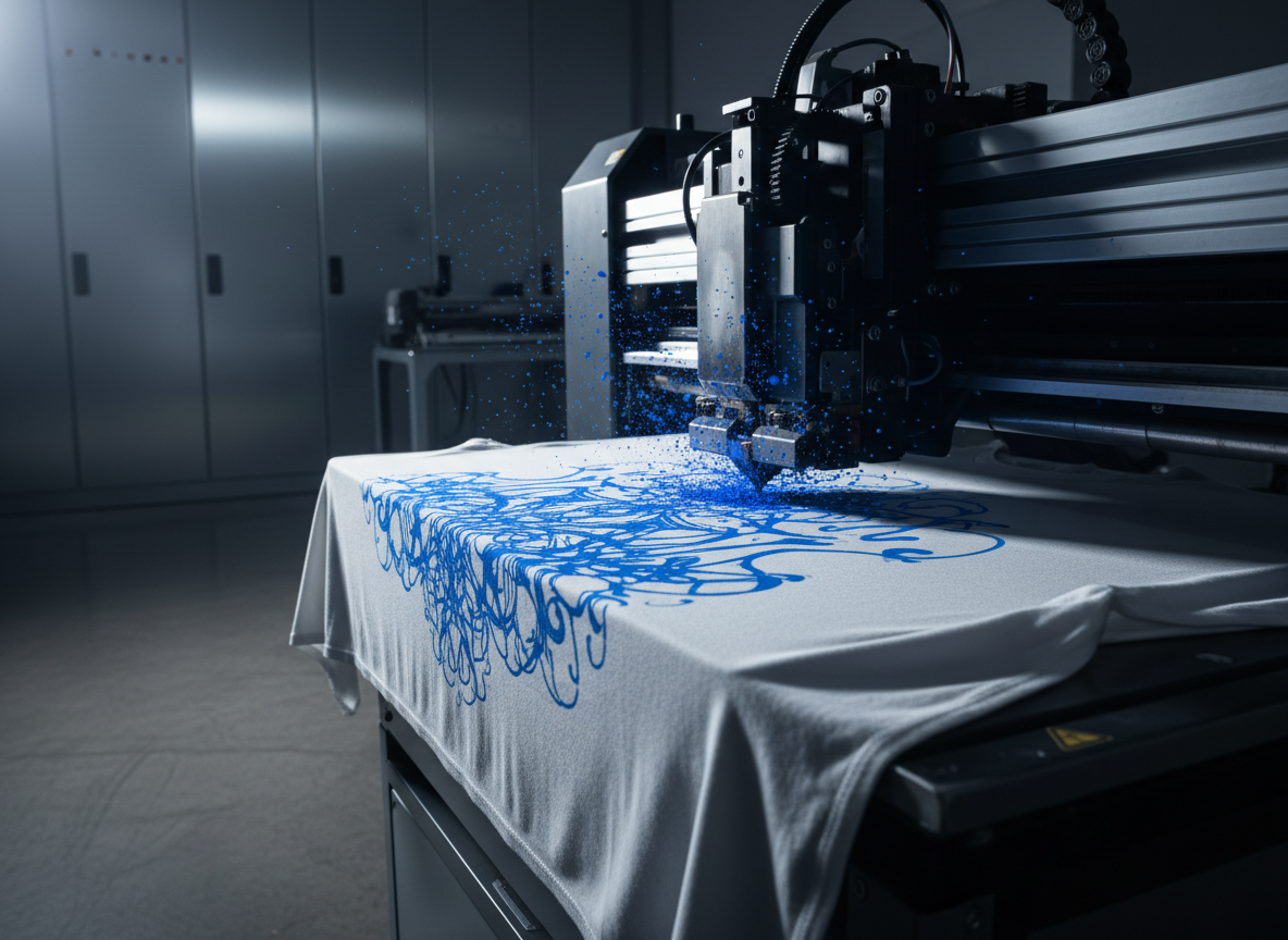 Professional digital printing machine printing a vibrant design onto a white t-shirt