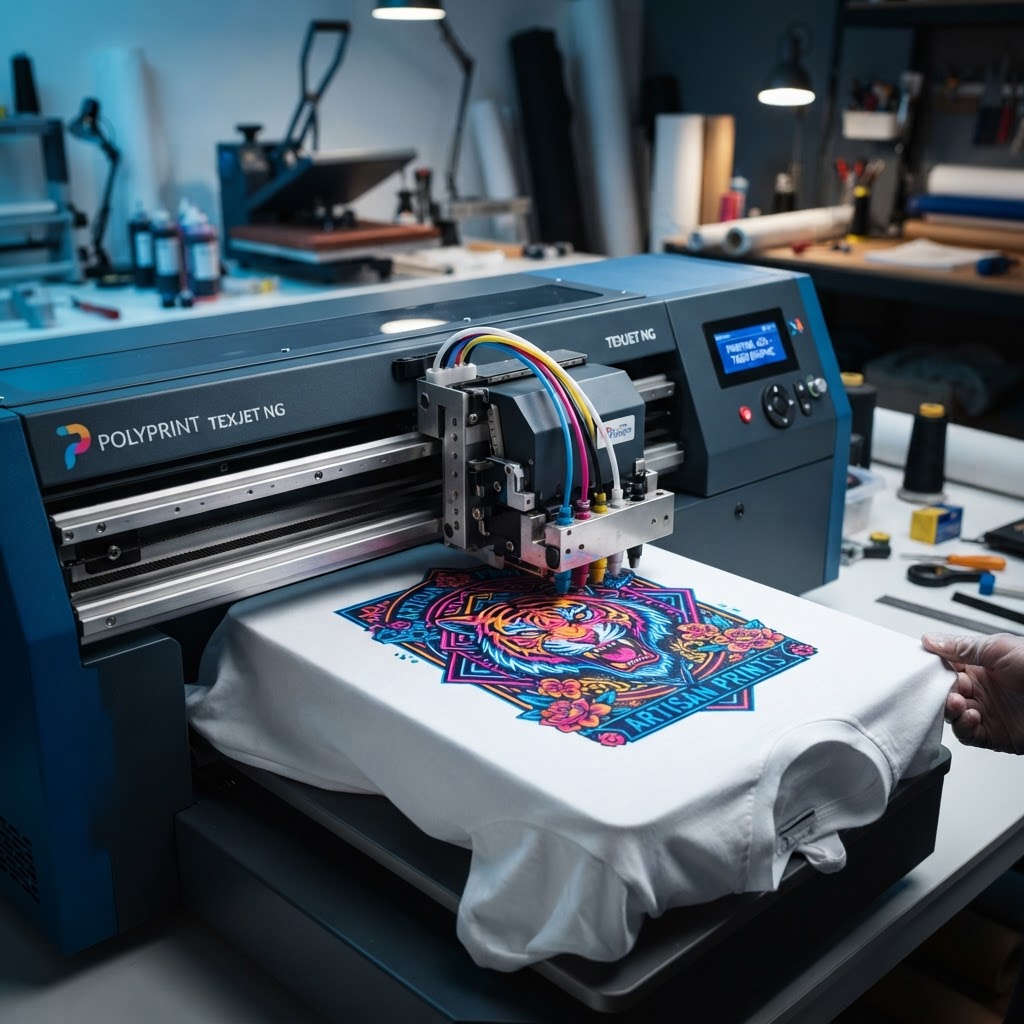 Digital direct-to-garment printer applying a colorful design onto a white t-shirt