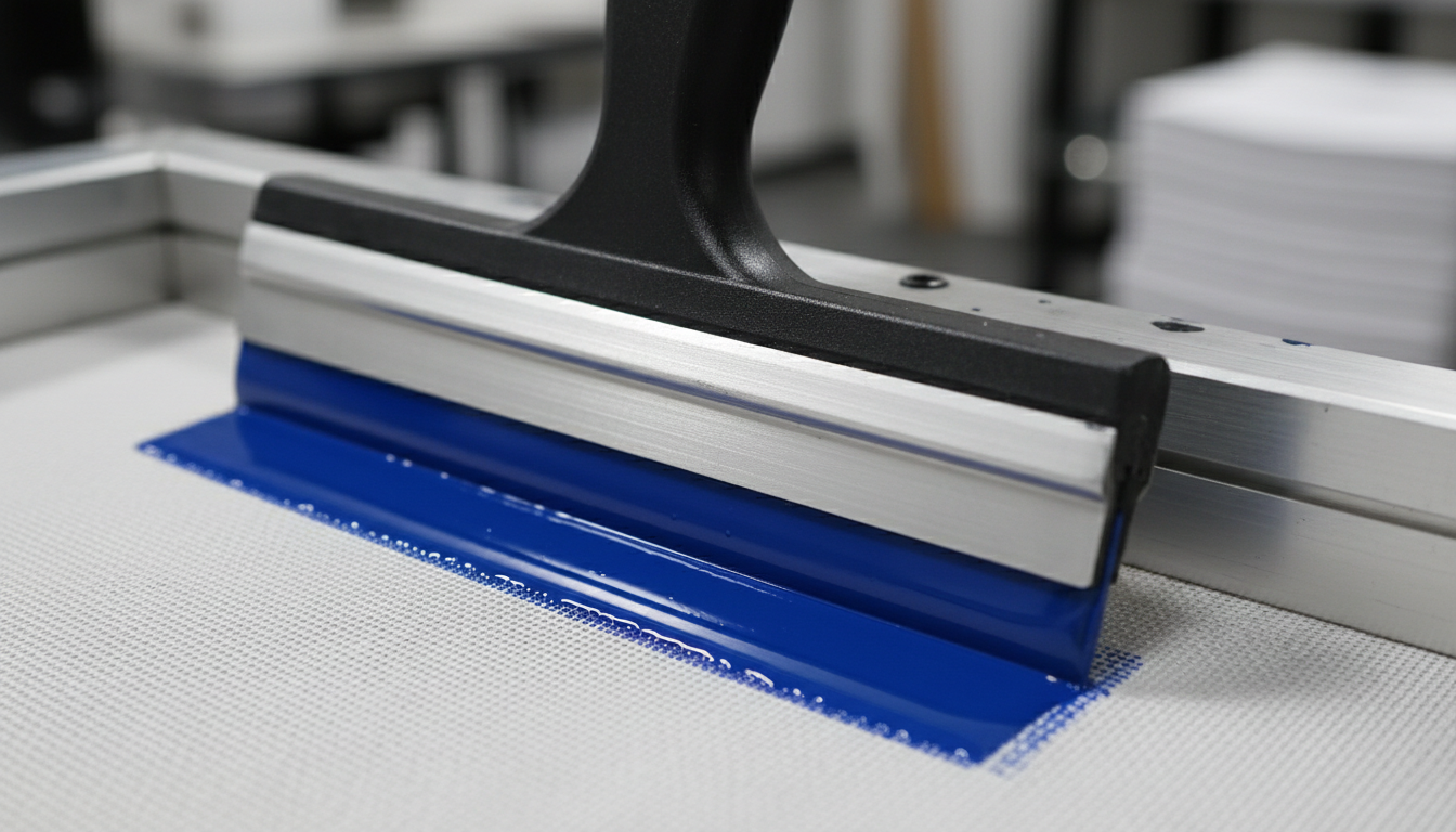 Screen printing squeegee pulling vibrant cobalt ink across white fabric