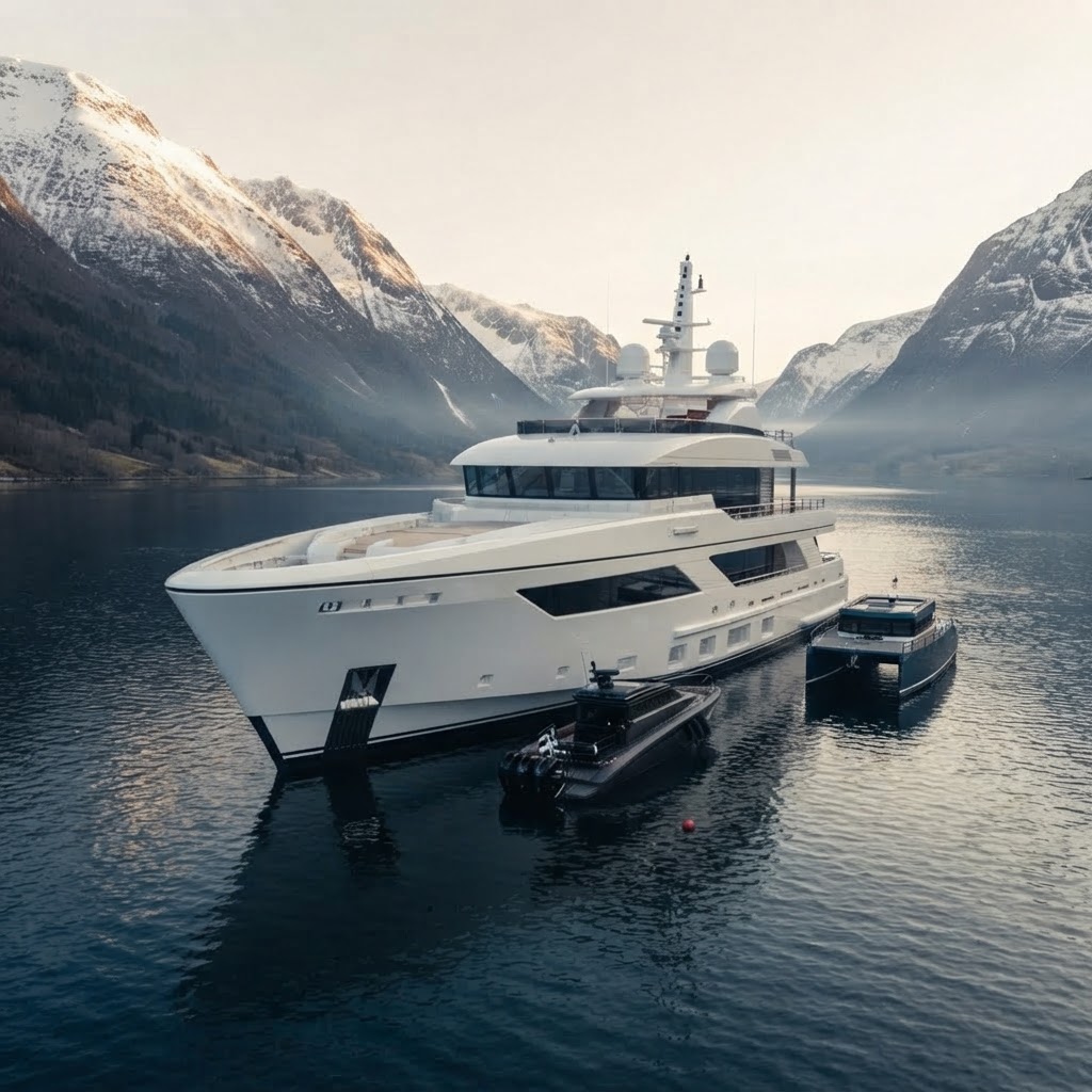 Superyacht escorted by support vessels in a Norwegian fjord