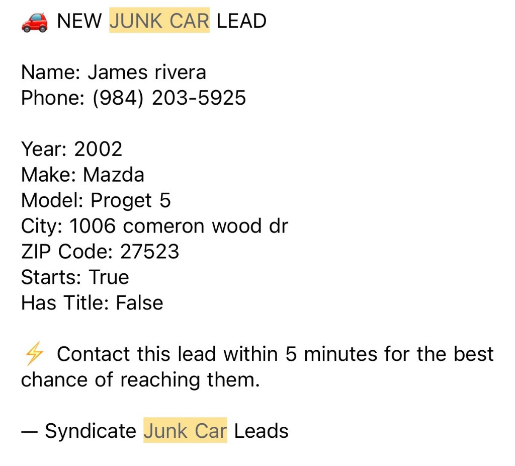 A real junk car lead delivered to your inbox