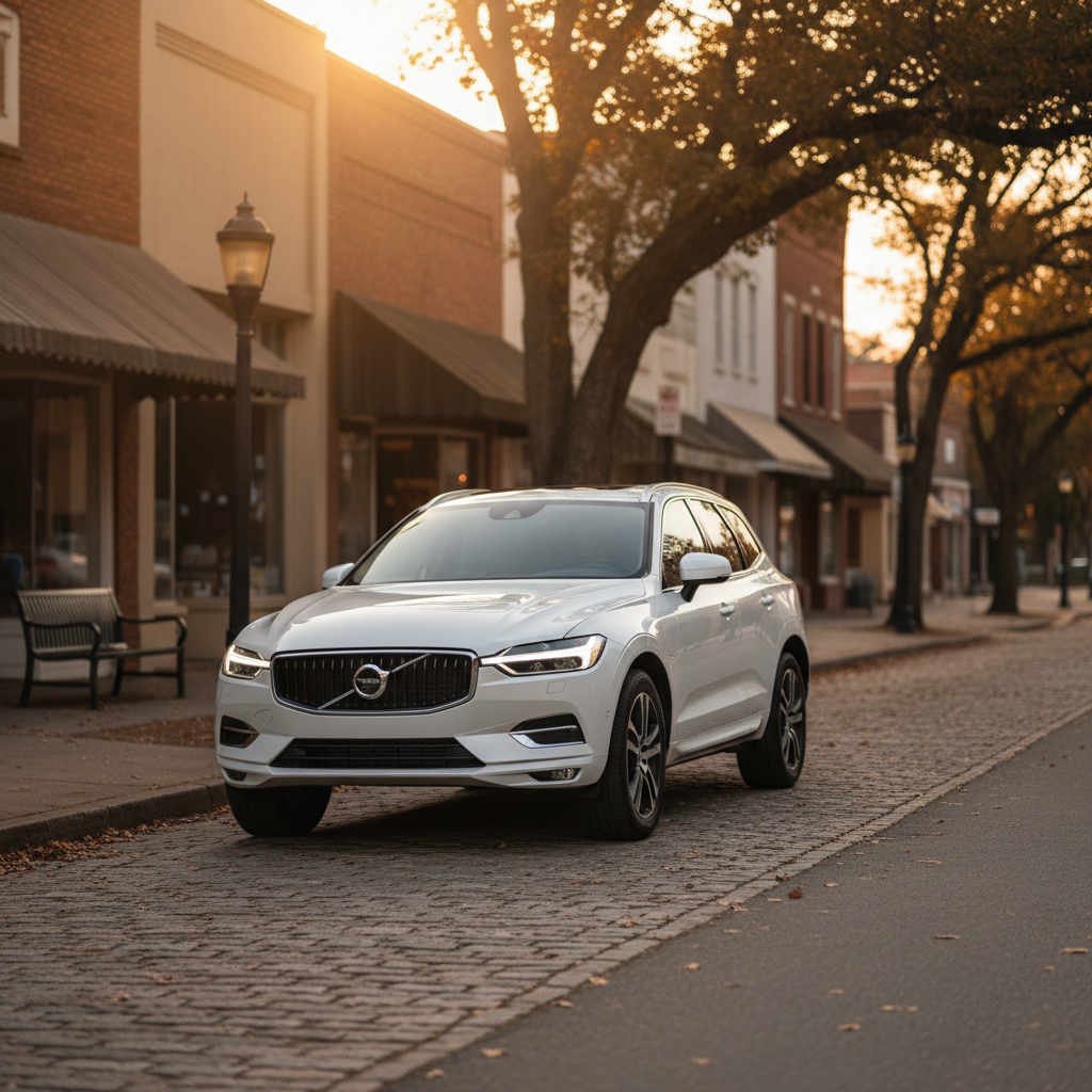 Silver SUV taxi on an Arkansas street at dusk