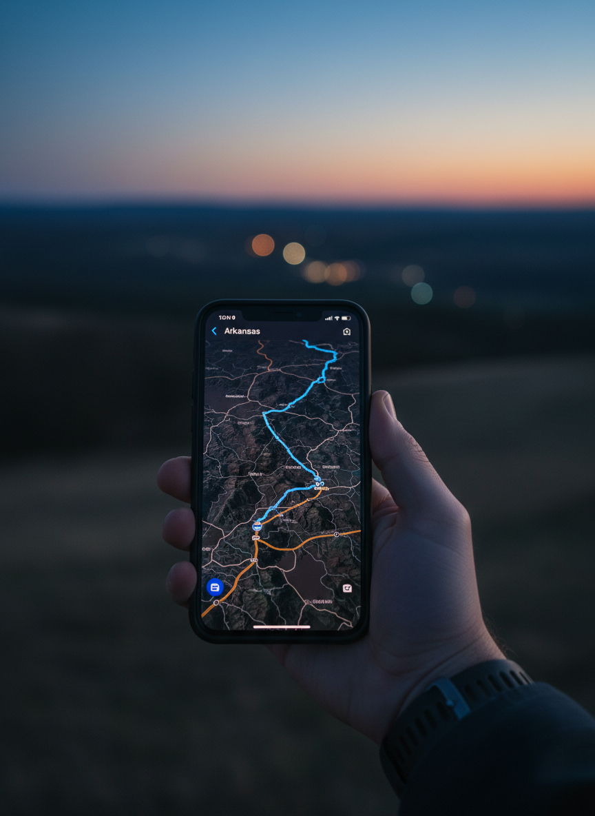 Hand holding smartphone with map route against blurred Arkansas landscape at dusk