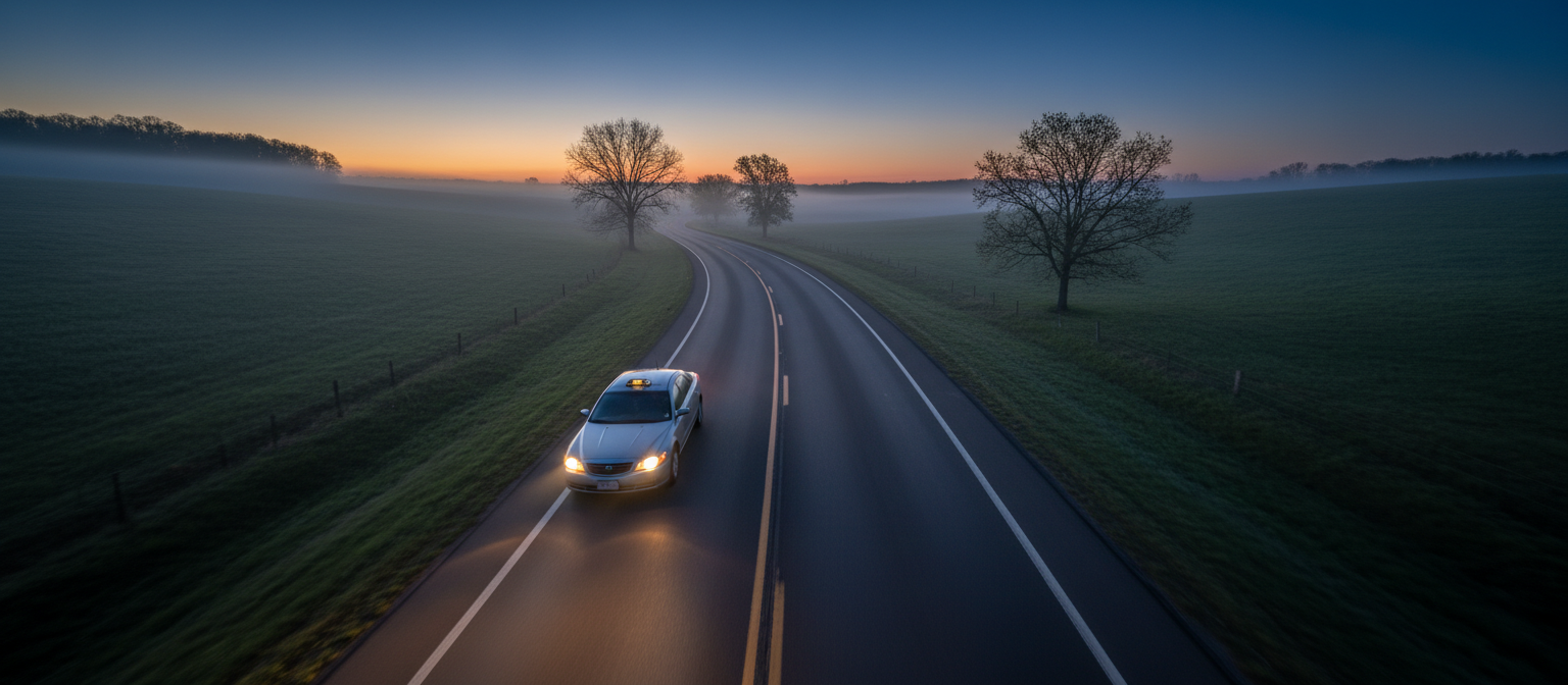 Aerial view of a taxi driving on a rural Arkansas highway at dusk