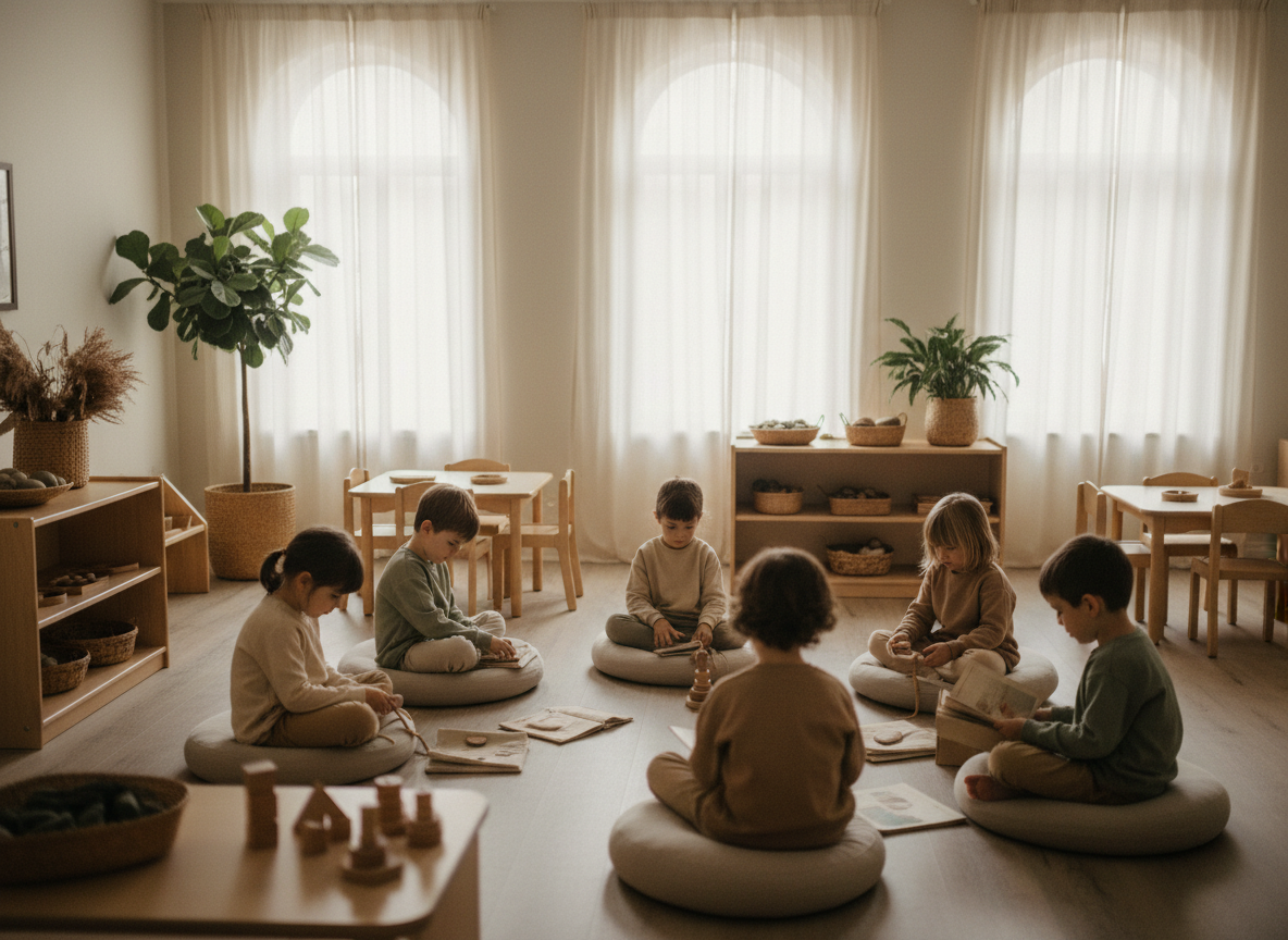 Ruhiger Kindergarten-Raum mit sanftem Licht