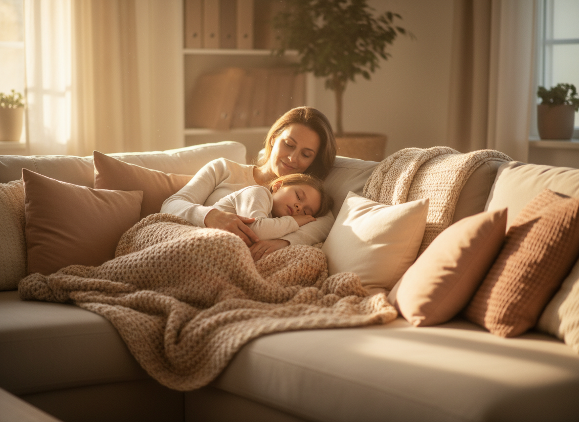 Elternteil und Kind kuscheln gemeinsam auf dem Sofa