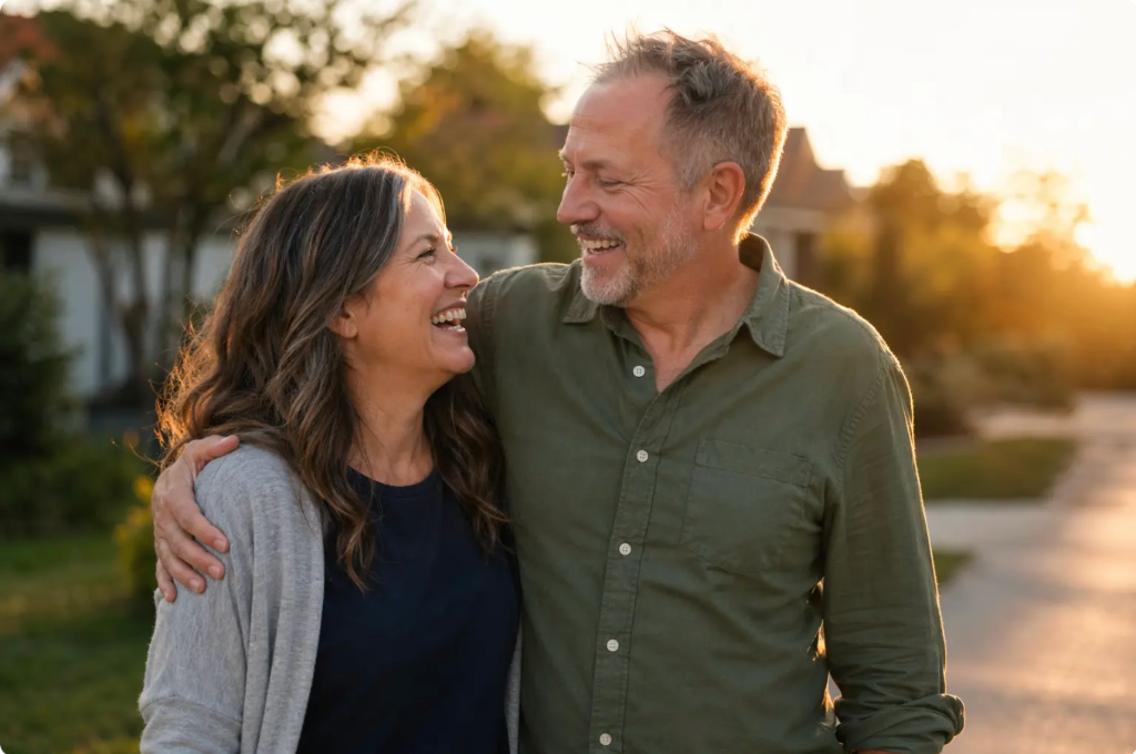 Happy couple outdoors at sunset