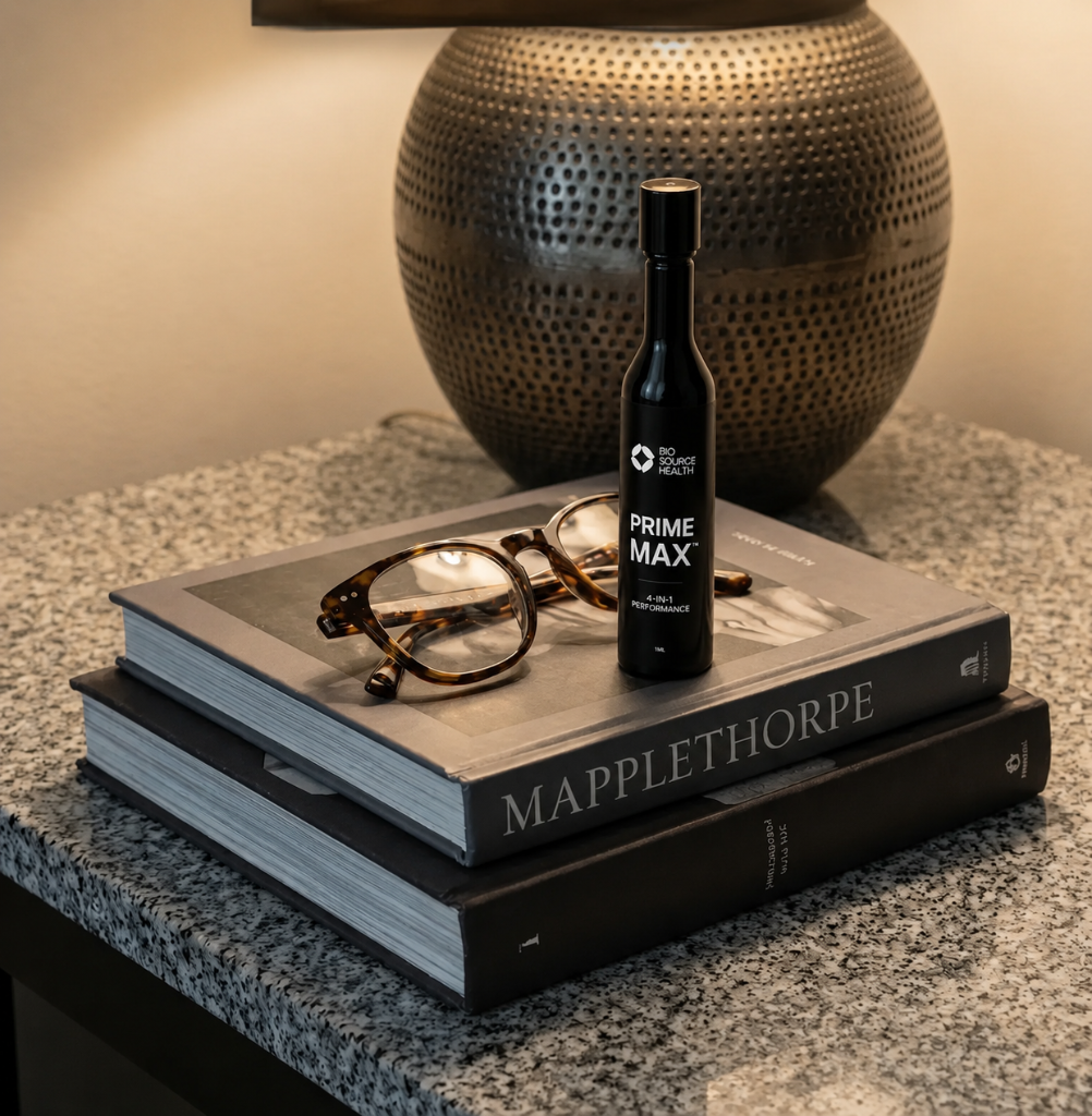 Prime Max by BioSource bottle on nightstand with books